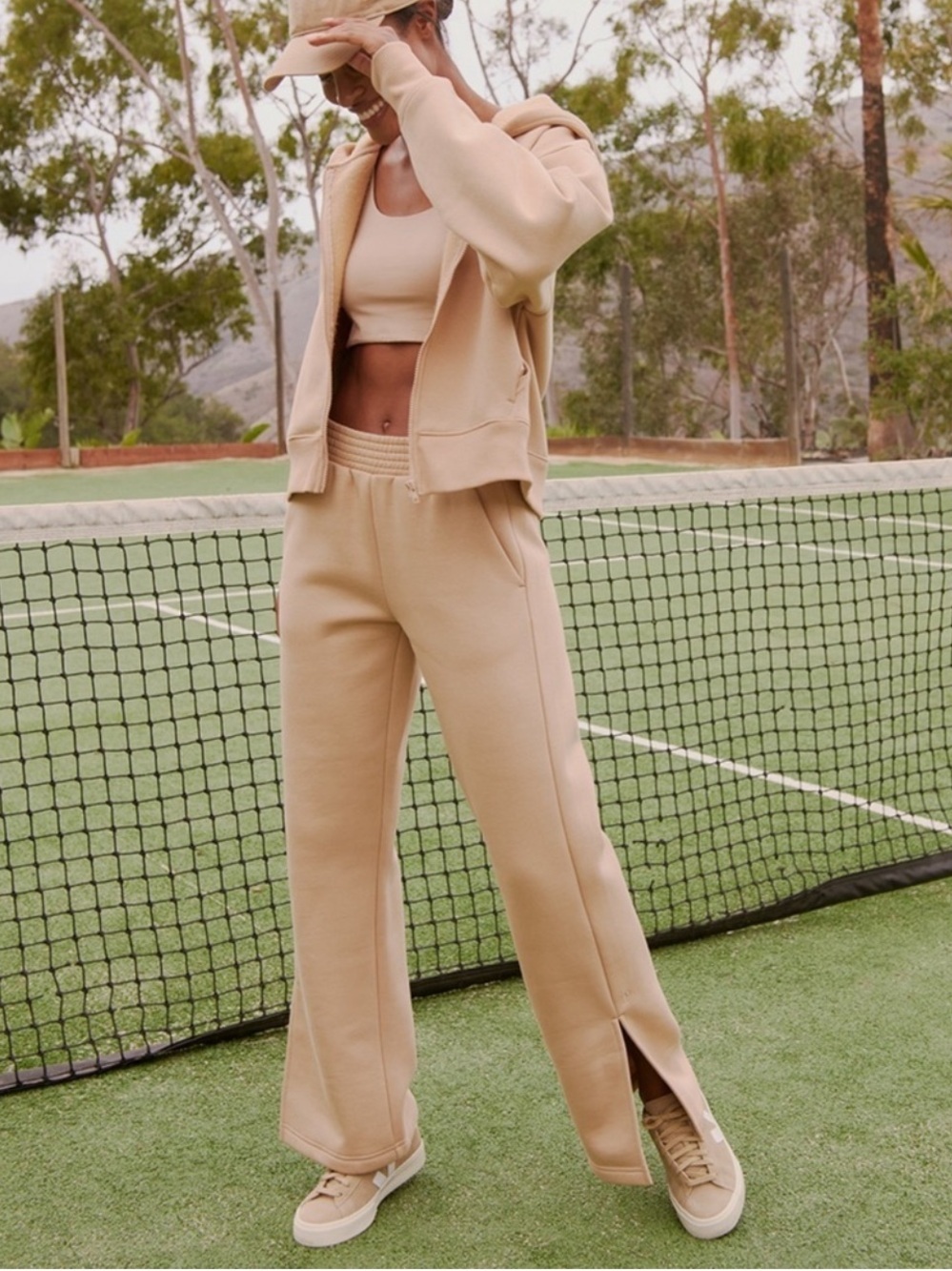 Pact Posey Beige Courtside Fleece Interior Side Slit Organic Sweatpants